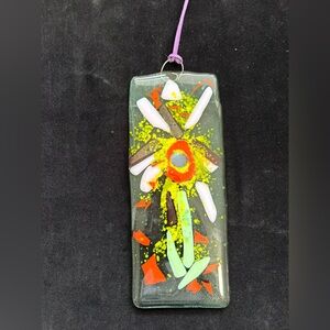 Flower Garden “Fused Art Glass  Hanging Plaque  9”x 3.5”Translucent Green